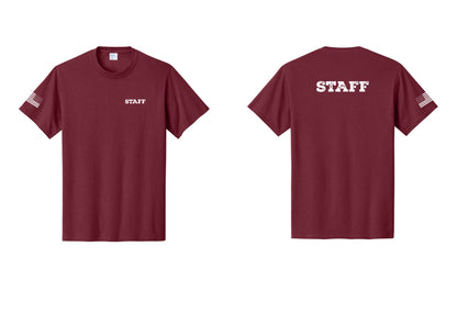 NYC Factory Staff T-Shirt, Rustic Lettering - Chest + Back + US Flag Sleeve - Cardinal
