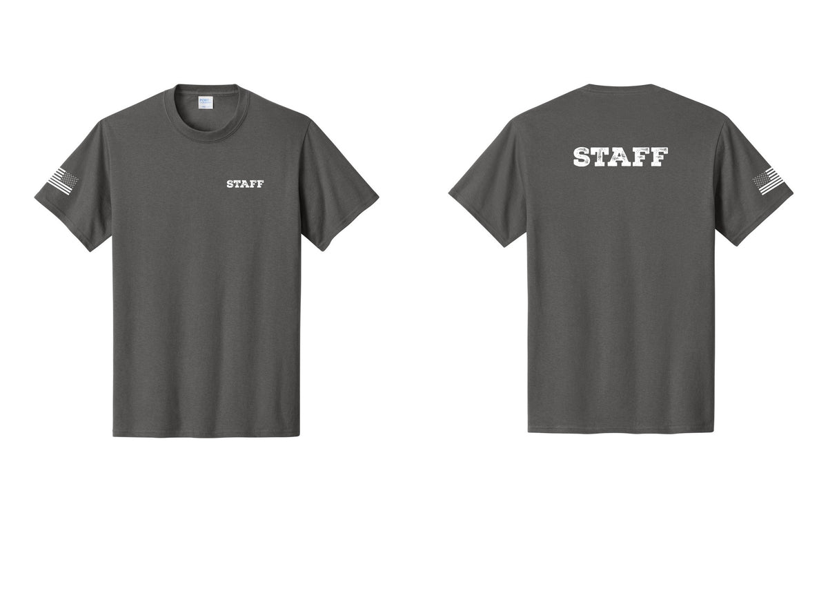 NYC Factory Staff T-Shirt, Rustic Lettering - Chest + Back + US Flag Sleeve - Charcoal