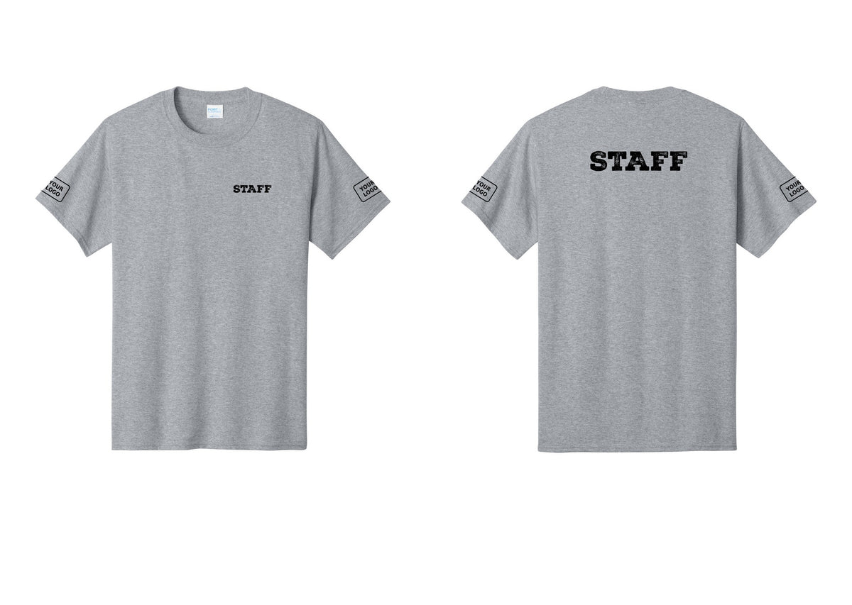 NYC Factory Custom Logo Staff T-Shirt, Rustic Lettering - Chest + Back + Your Logo Sleeves - Athletic Heather