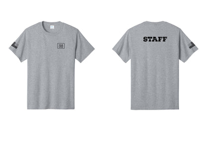 NYC Factory Custom Logo Staff T-Shirt, Rustic Lettering - Your Logo + Back + US Flag Sleeve - Athletic Heather