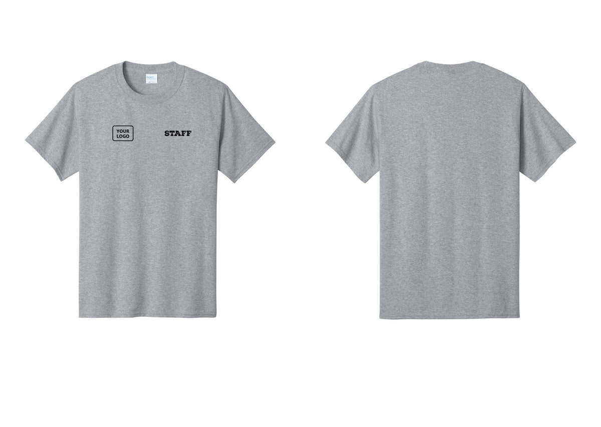 NYC Factory Custom Logo Staff T-Shirt, Rustic Lettering - STAFF + Your Logo - Athletic Heather