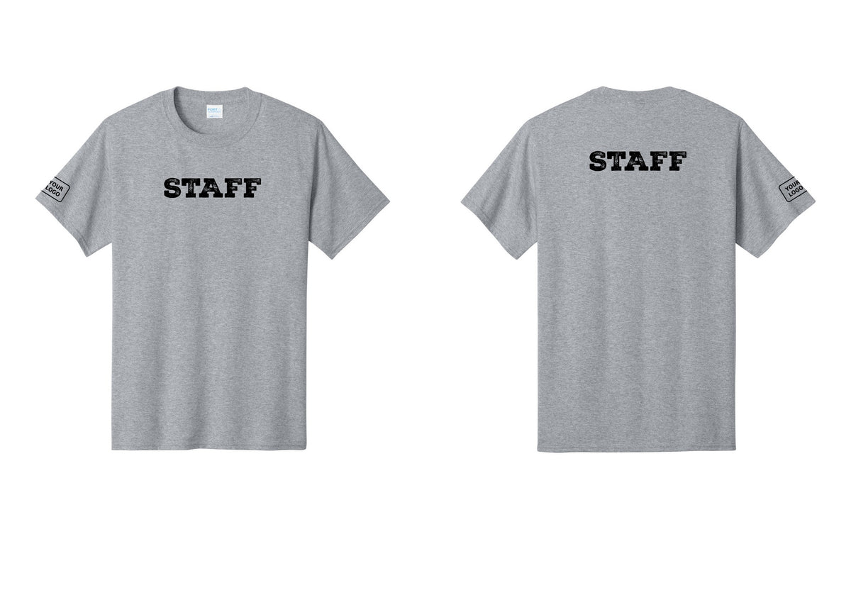 NYC Factory Custom Logo Staff T-Shirt, Rustic Lettering - Front + Back + Your Logo Sleeve - Athletic Heather