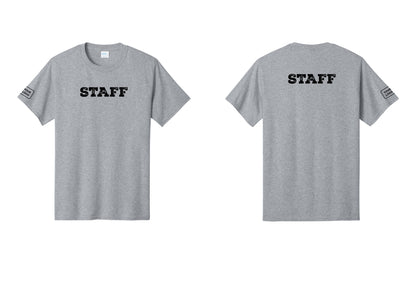 NYC Factory Custom Logo Staff T-Shirt, Rustic Lettering - Front + Back + Your Logo Sleeve - Athletic Heather