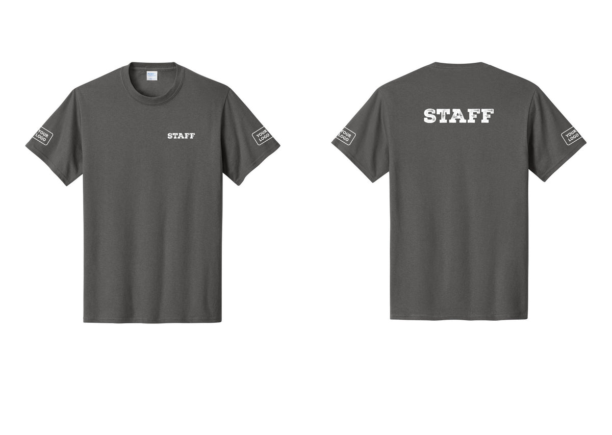 NYC Factory Custom Logo Staff T-Shirt, Rustic Lettering - Chest + Back + Your Logo Sleeves - Charcoal