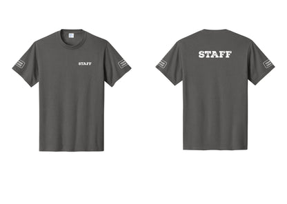 NYC Factory Custom Logo Staff T-Shirt, Rustic Lettering - Chest + Back + Your Logo Sleeves - Charcoal