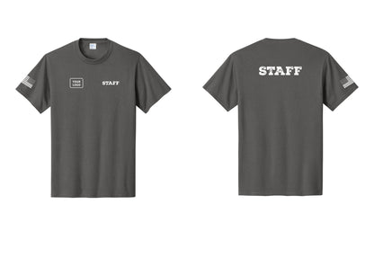 NYC Factory Custom Logo Staff T-Shirt, Rustic Lettering - STAFF + Your Logo + Back + US Flag Sleeve - Charcoal