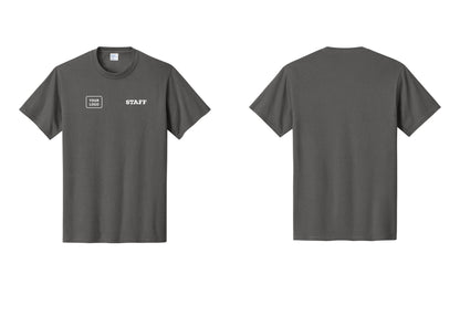 NYC Factory Custom Logo Staff T-Shirt, Rustic Lettering - STAFF + Your Logo - Charcoal