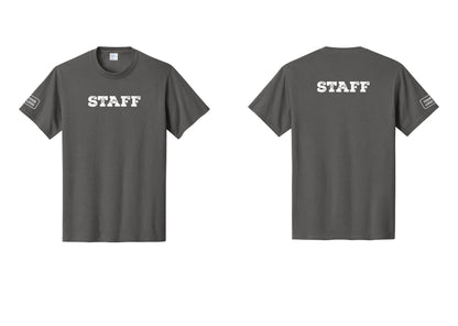 NYC Factory Custom Logo Staff T-Shirt, Rustic Lettering - Front + Back + Your Logo Sleeve - Charcoal