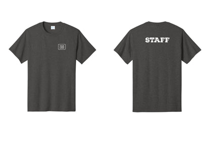 NYC Factory Custom Logo Staff T-Shirt, Rustic Lettering - Your Logo + Back - Dark Heather Grey