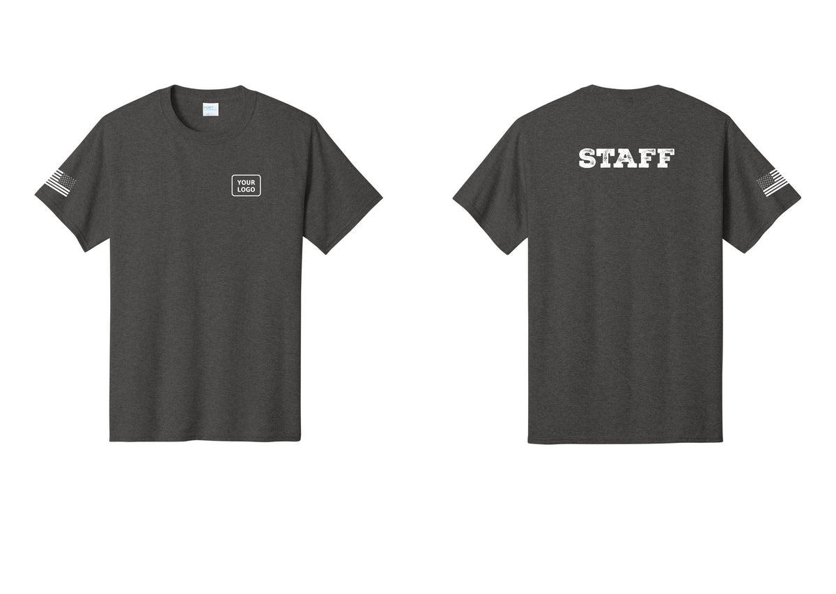 NYC Factory Custom Logo Staff T-Shirt, Rustic Lettering - Your Logo + Back + US Flag Sleeve - Dark Heather Grey