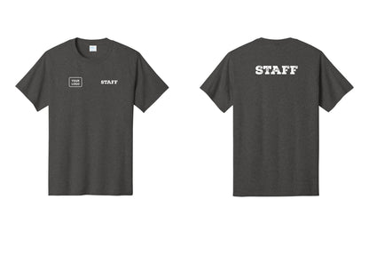 NYC Factory Custom Logo Staff T-Shirt, Rustic Lettering - STAFF + Your Logo + Back - Dark Heather Grey