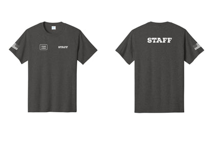 NYC Factory Custom Logo Staff T-Shirt, Rustic Lettering - STAFF + Your Logo + Back + US Flag Sleeve - Dark Heather Grey