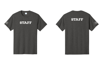 NYC Factory Custom Logo Staff T-Shirt, Rustic Lettering - Front + Back + Your Logo Sleeve - Dark Heather Grey