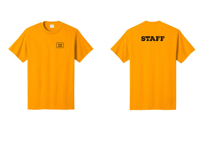 NYC Factory Custom Logo Staff T-Shirt, Rustic Lettering - Your Logo + Back - Gold