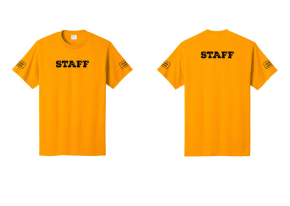 NYC Factory Custom Logo Staff T-Shirt, Rustic Lettering - Front + Back + Your Logo Sleeves - Gold