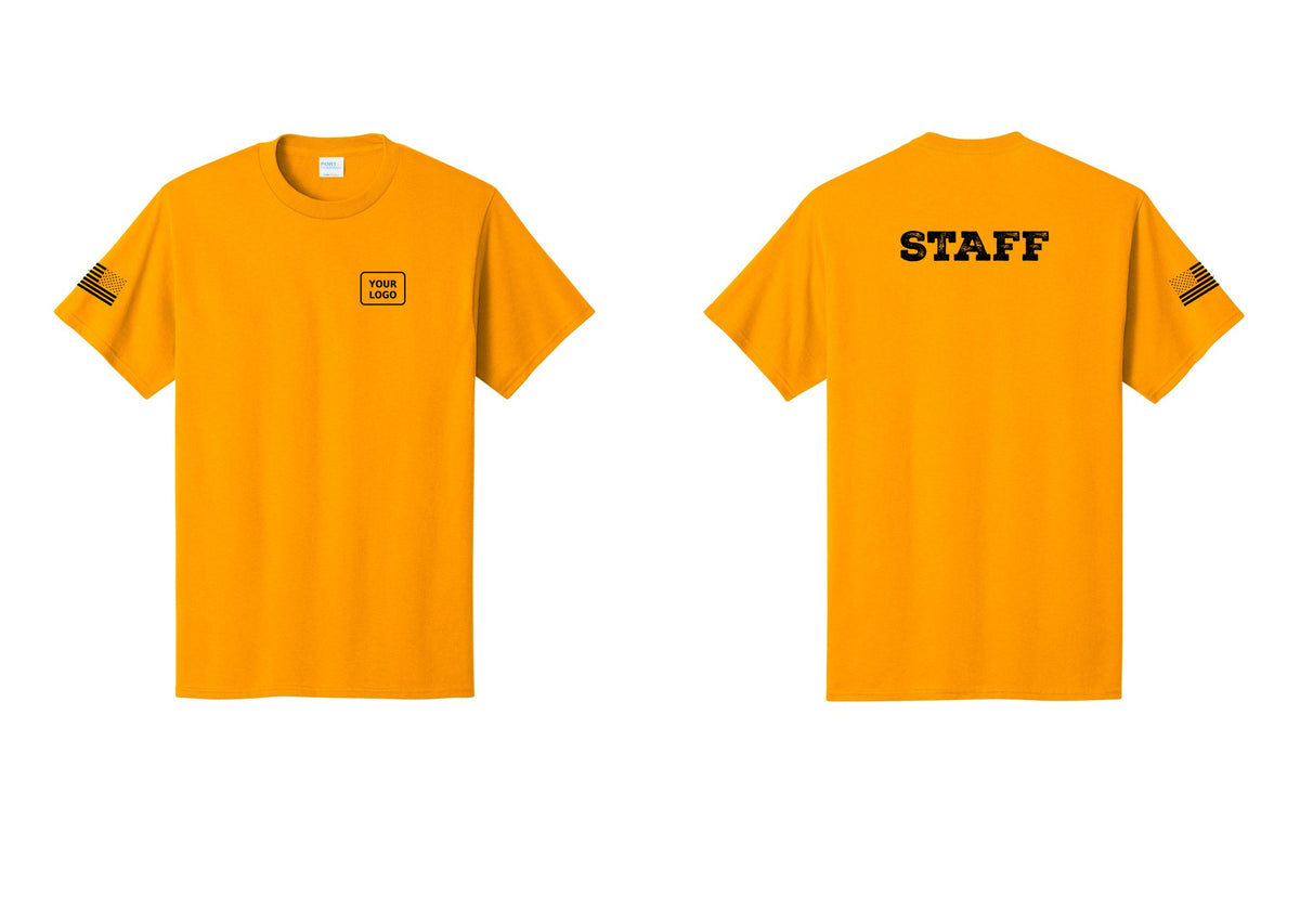 NYC Factory Custom Logo Staff T-Shirt, Rustic Lettering - Your Logo + Back + US Flag Sleeve - Gold