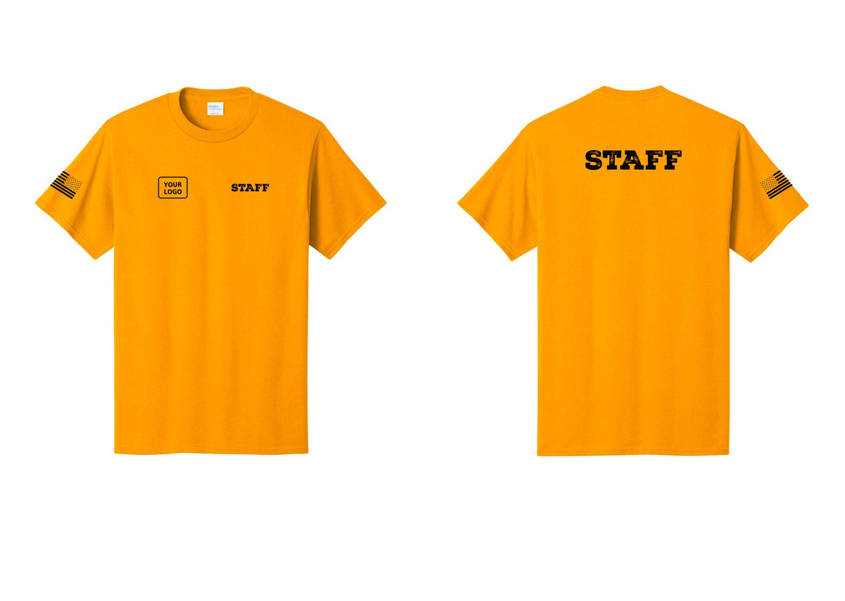NYC Factory Custom Logo Staff T-Shirt, Rustic Lettering - STAFF + Your Logo + Back + US Flag Sleeve - Gold