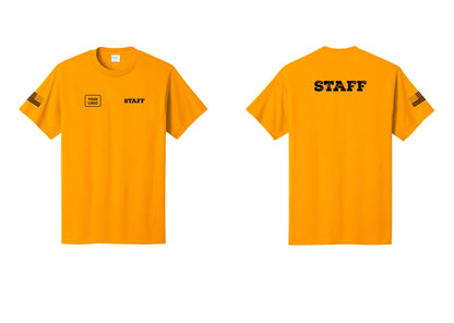 NYC Factory Custom Logo Staff T-Shirt, Rustic Lettering - STAFF + Your Logo + Back + US Flag Sleeve - Gold