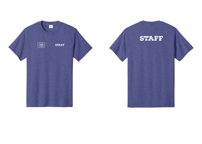 NYC Factory Custom Logo Staff T-Shirt, Rustic Lettering - STAFF + Your Logo + Back - Heather Purple