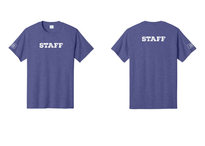 NYC Factory Custom Logo Staff T-Shirt, Rustic Lettering - Front + Back + Your Logo Sleeve - Heather Purple