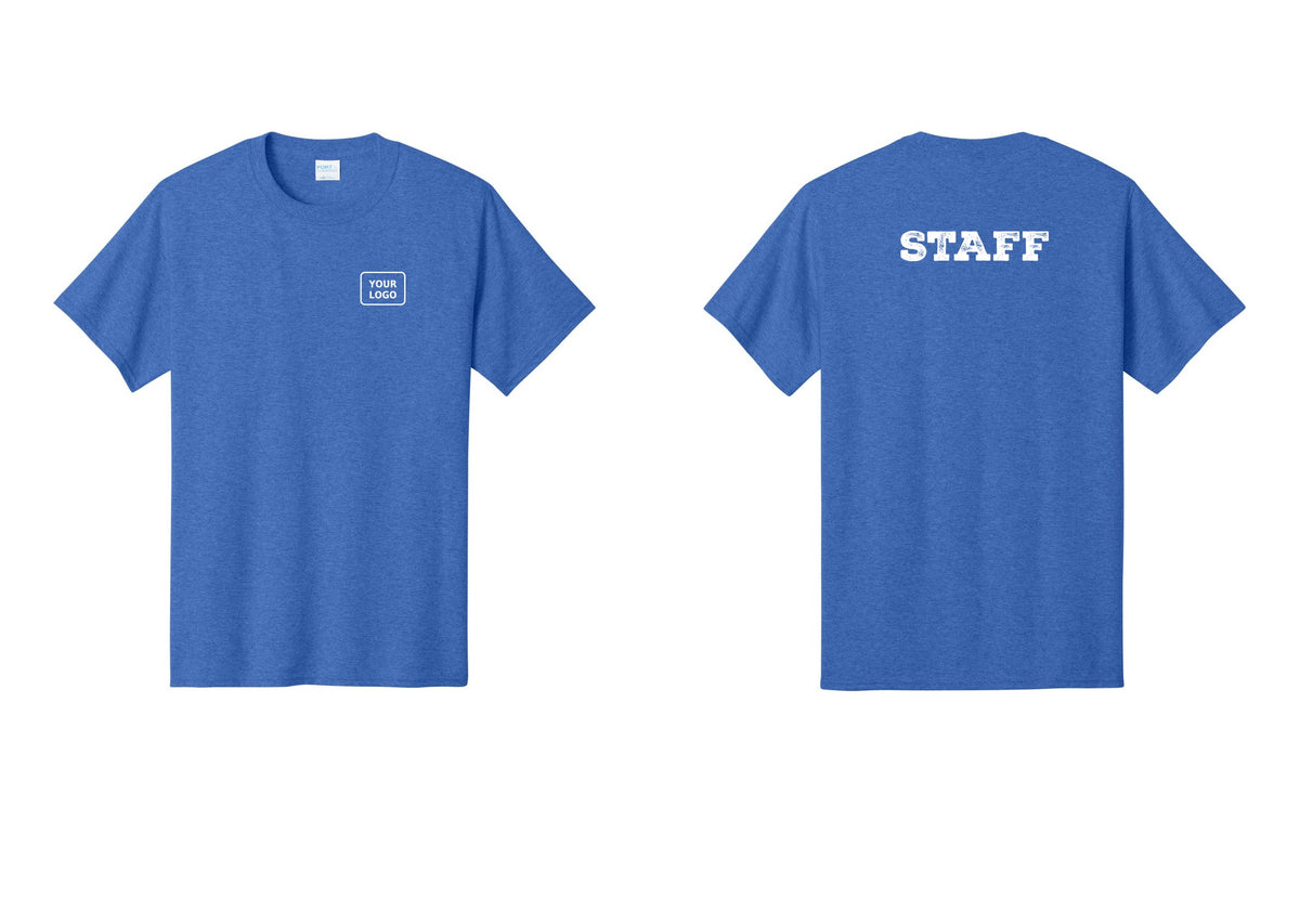 NYC Factory Custom Logo Staff T-Shirt, Rustic Lettering - Your Logo + Back - Heather Royal
