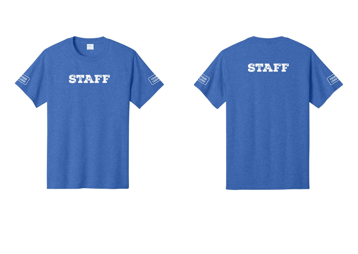 NYC Factory Custom Logo Staff T-Shirt, Rustic Lettering - Front + Back + Your Logo Sleeves - Heather Royal