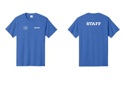 NYC Factory Custom Logo Staff T-Shirt, Rustic Lettering - STAFF + Your Logo + Back - Heather Royal