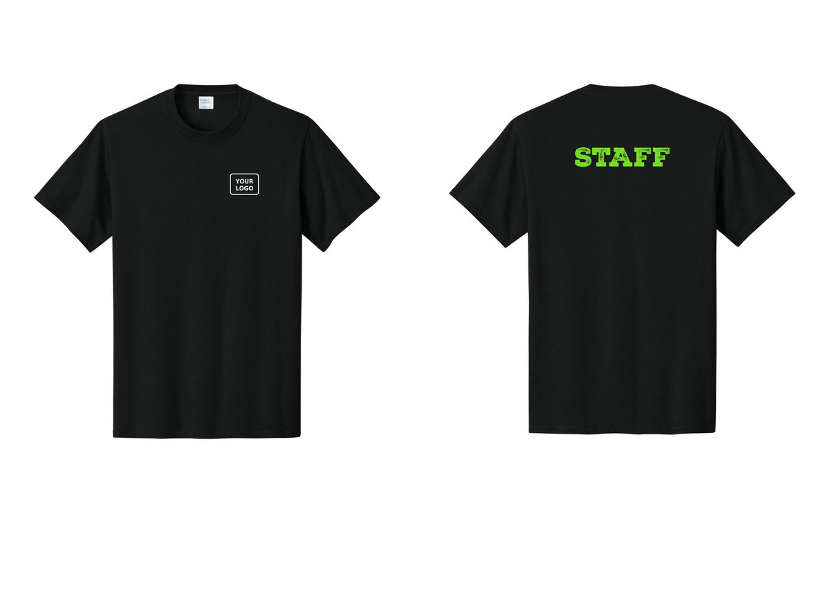 NYC Factory Custom Logo Staff T-Shirt, Rustic Lettering - Your Logo + Back - Black / Neon