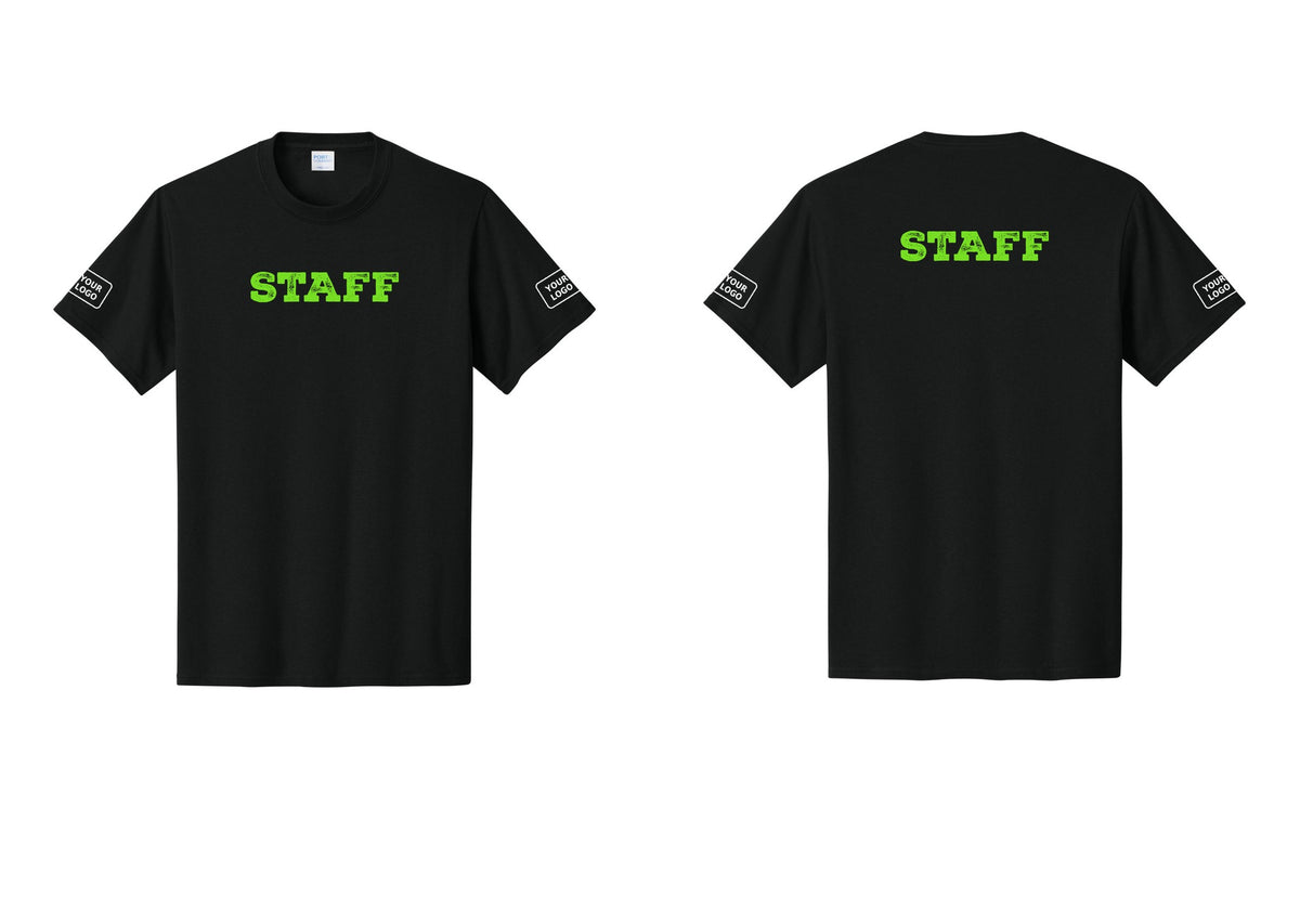 NYC Factory Custom Logo Staff T-Shirt, Rustic Lettering - Front + Back + Your Logo Sleeves - Black / Neon