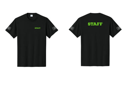 NYC Factory Custom Logo Staff T-Shirt, Rustic Lettering - Chest + Back + Your Logo Sleeves - Black / Neon