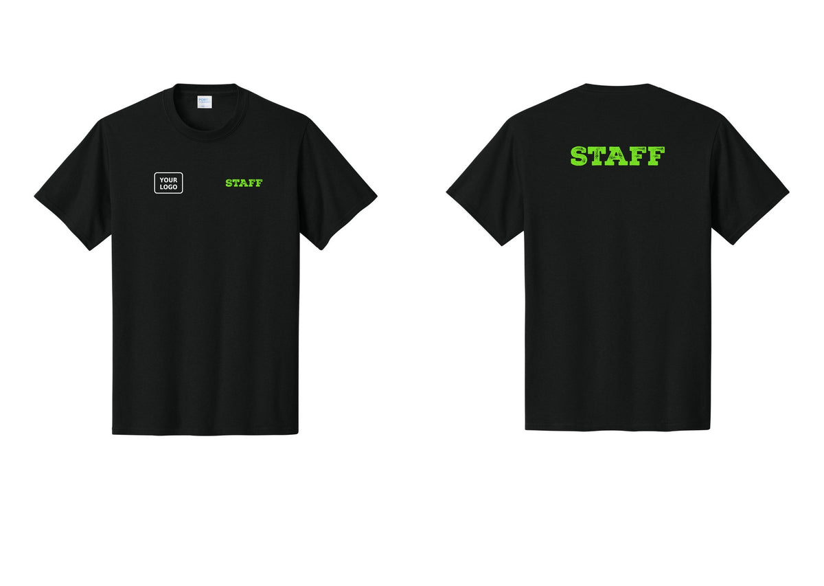 NYC Factory Custom Logo Staff T-Shirt, Rustic Lettering - STAFF + Your Logo + Back - Black / Neon