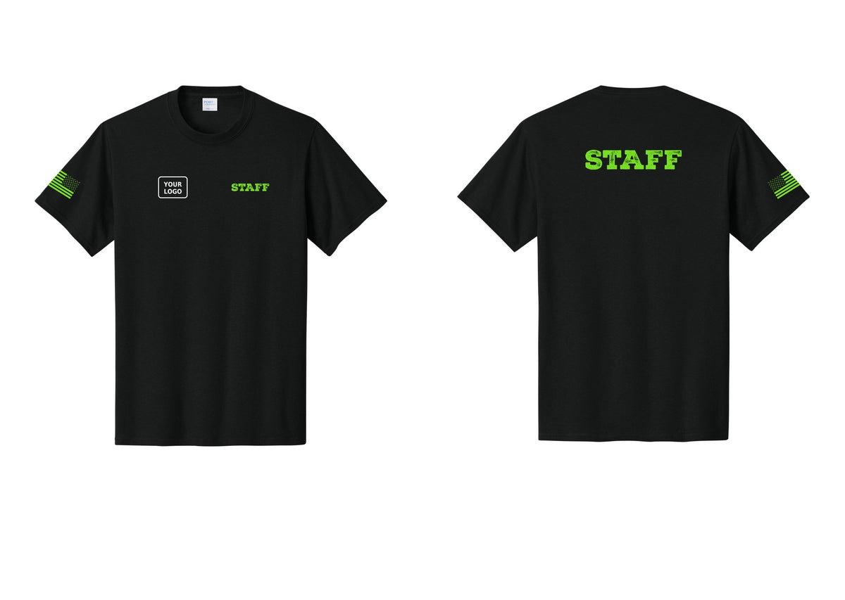 NYC Factory Custom Logo Staff T-Shirt, Rustic Lettering - STAFF + Your Logo + Back + US Flag Sleeve - Black / Neon