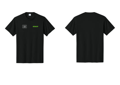 NYC Factory Custom Logo Staff T-Shirt, Rustic Lettering - STAFF + Your Logo - Black / Neon
