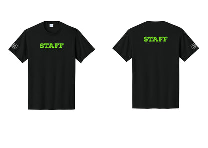 NYC Factory Custom Logo Staff T-Shirt, Rustic Lettering - Front + Back + Your Logo Sleeve - Black / Neon