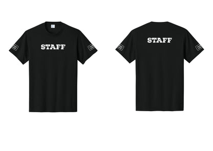 NYC Factory Custom Logo Staff T-Shirt, Rustic Lettering - Front + Back + Your Logo Sleeves - Black