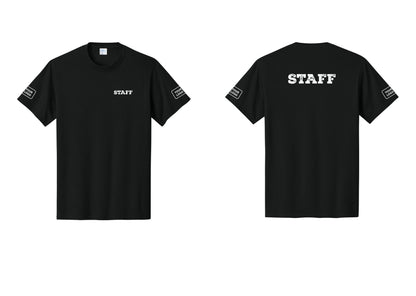 NYC Factory Custom Logo Staff T-Shirt, Rustic Lettering - Chest + Back + Your Logo Sleeves - Black