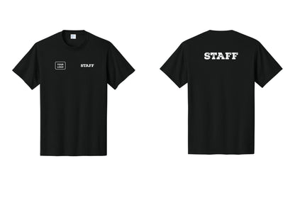 NYC Factory Custom Logo Staff T-Shirt, Rustic Lettering - STAFF + Your Logo + Back - Black