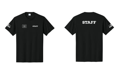 NYC Factory Custom Logo Staff T-Shirt, Rustic Lettering - STAFF + Your Logo + Back + US Flag Sleeve - Black