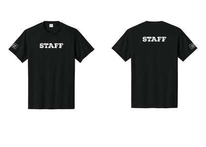 NYC Factory Custom Logo Staff T-Shirt, Rustic Lettering - Front + Back + Your Logo Sleeve - Black