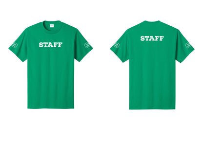 NYC Factory Custom Logo Staff T-Shirt, Rustic Lettering - Front + Back + Your Logo Sleeves - Kelly
