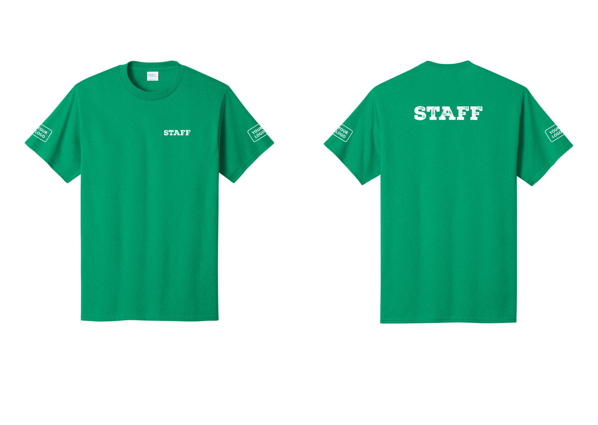 NYC Factory Custom Logo Staff T-Shirt, Rustic Lettering - Chest + Back + Your Logo Sleeves - Kelly