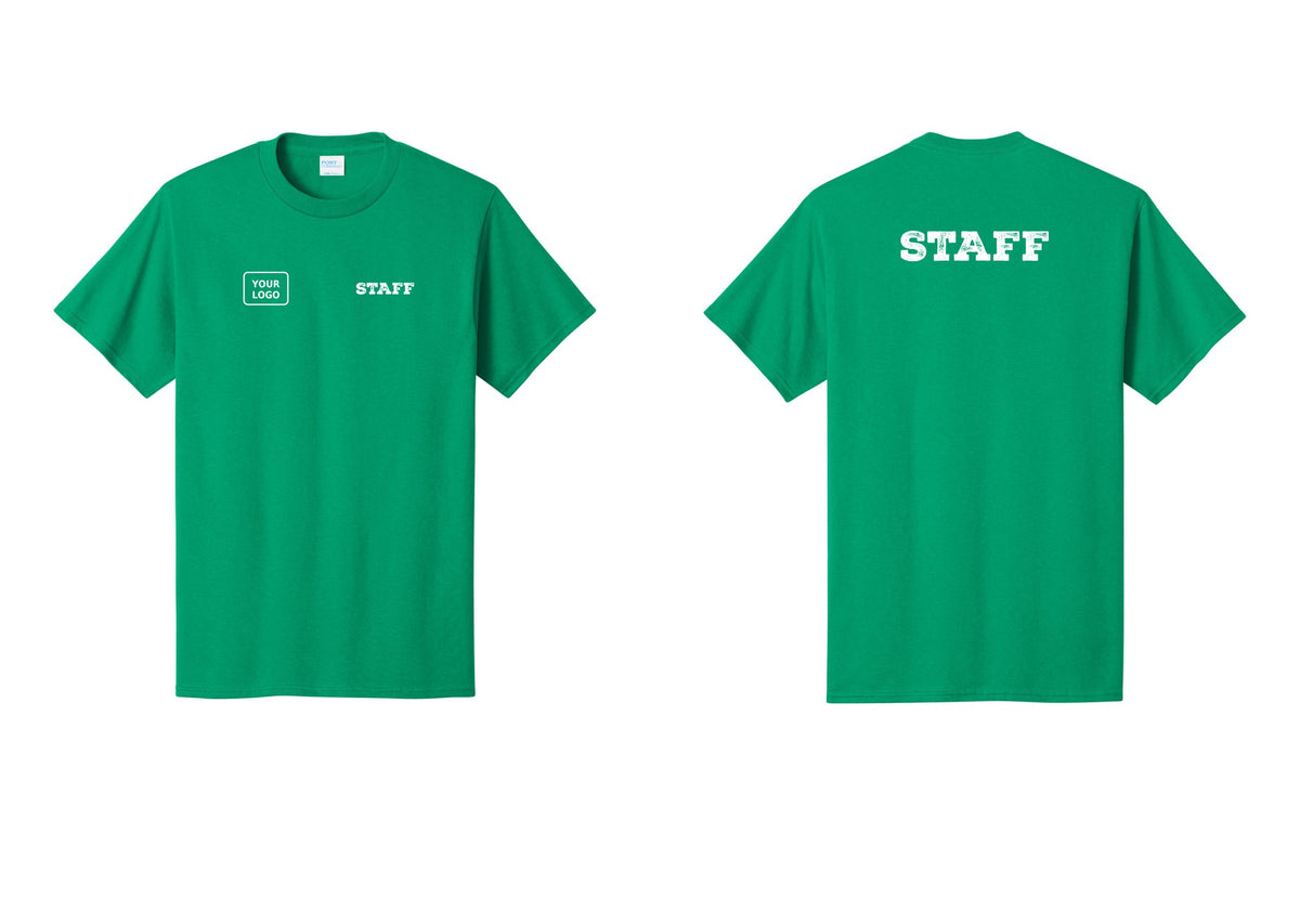 NYC Factory Custom Logo Staff T-Shirt, Rustic Lettering - STAFF + Your Logo + Back - Kelly