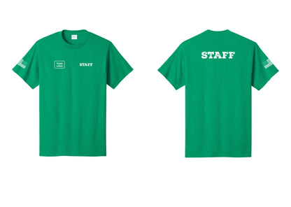 NYC Factory Custom Logo Staff T-Shirt, Rustic Lettering - STAFF + Your Logo + Back + US Flag Sleeve - Kelly