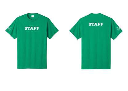 NYC Factory Custom Logo Staff T-Shirt, Rustic Lettering - Front + Back + Your Logo Sleeve - Kelly