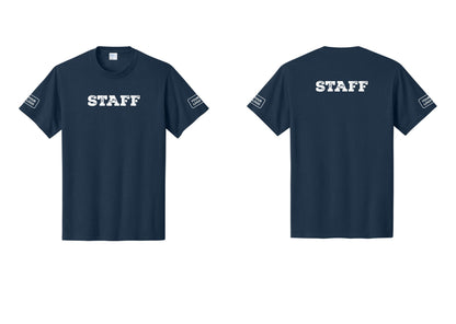 NYC Factory Custom Logo Staff T-Shirt, Rustic Lettering - Front + Back + Your Logo Sleeves - Navy