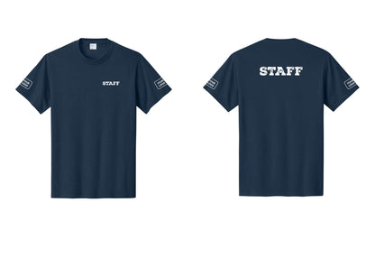 NYC Factory Custom Logo Staff T-Shirt, Rustic Lettering - Chest + Back + Your Logo Sleeves - Navy