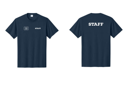 NYC Factory Custom Logo Staff T-Shirt, Rustic Lettering - STAFF + Your Logo + Back - Navy