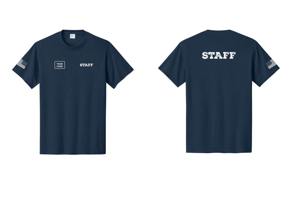 NYC Factory Custom Logo Staff T-Shirt, Rustic Lettering - STAFF + Your Logo + Back + US Flag Sleeve - Navy