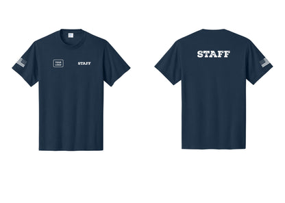 NYC Factory Custom Logo Staff T-Shirt, Rustic Lettering - STAFF + Your Logo + Back + US Flag Sleeve - Navy