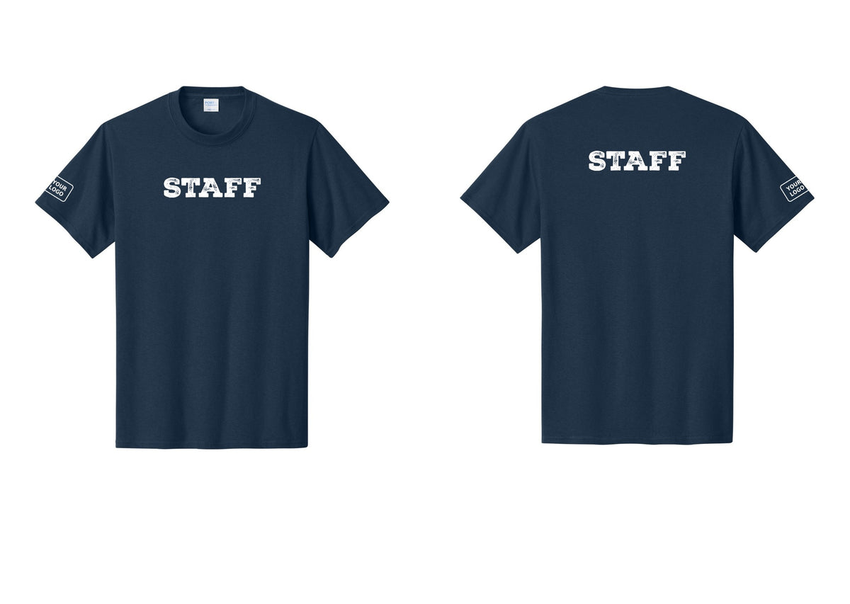 NYC Factory Custom Logo Staff T-Shirt, Rustic Lettering - Front + Back + Your Logo Sleeve - Navy